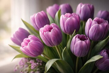 Fototapeta premium Detailed close up of a graceful purple tulip bouquet ideal for copy space use