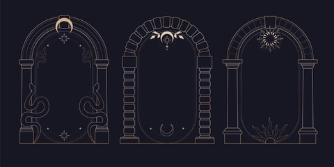Celestial arch frames set with mystic moon, sun and stars on black background. Vector illustration of elegant golden boho borders with antique Greek pillars, esoteric and astrology cards design © klyaksun