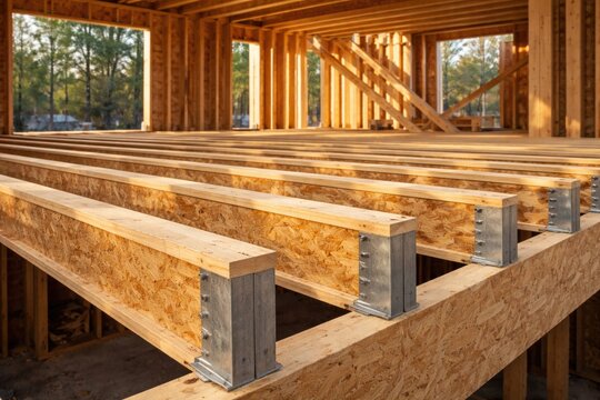 Engineered wood joists providing essential floor support in custom home construction with focus on building quality
