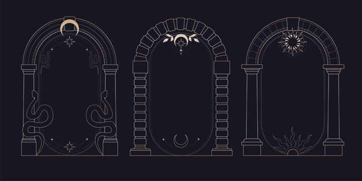 Celestial arch frames set with mystic moon, sun and stars on black background. Vector illustration of elegant golden boho borders with antique Greek pillars, esoteric and astrology cards design