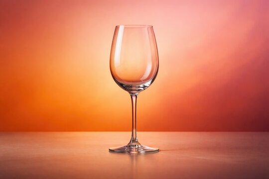 Elegant empty wine glass placed on modern surface with warm gradient backdrop in orange and pink tones