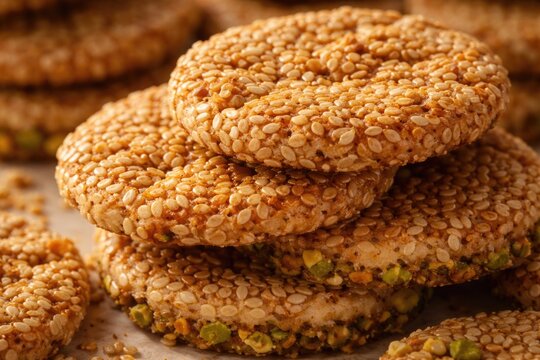 Close up view of golden Barazek sesame treats stacked showing textured crunch on white