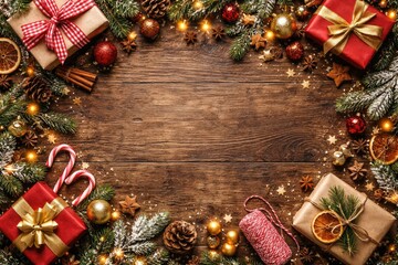 Fototapeta premium Festive flat lay setup of holiday trimmings on textured wood background with copy space