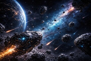 Fototapeta premium Artificial intelligence crafted space background with dynamic meteorite and asteroid field