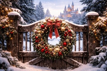 Fototapeta premium Christmas wreath hung on rustic wooden gate framed by a snowy terrain and castle skyline