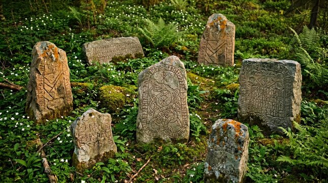 Carved runestones standing in mossy woodland clearing
