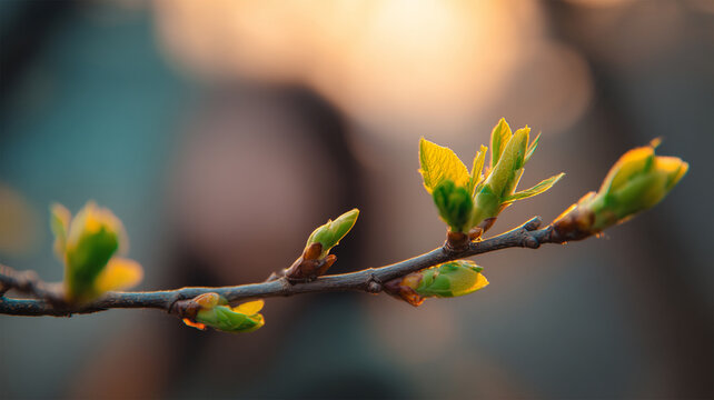 early spring development of green plant tree buds. First spring gentle leaves, buds branches. Beautiful spring blooming