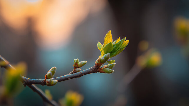 early spring development of green plant tree buds. First spring gentle leaves, buds branches. Beautiful spring blooming