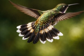 Obraz premium Close-up on hummingbird's striped tail mid-flight captured with quick exposure time