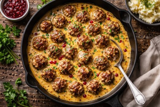 Birds eye perspective of a skillet loaded with Swedish meatballs and vibrant sauce