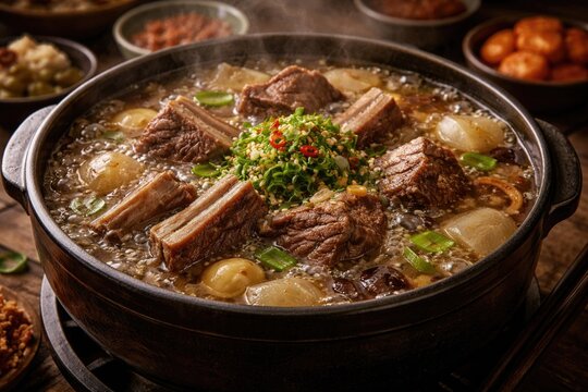 Flavorful short rib soup bubbling in a traditional hot pot