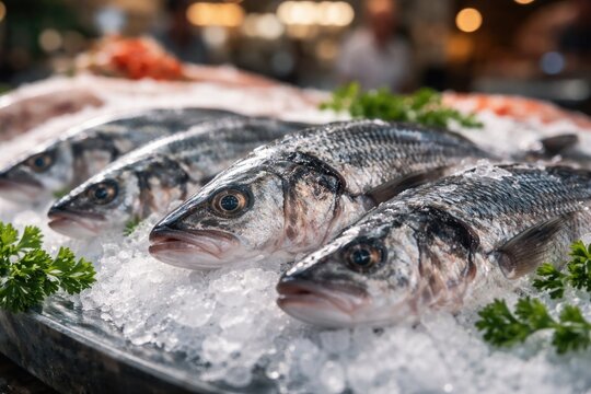 Close perspective of fresh market fish emphasizing texture and freshness with blurred background