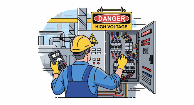 Electrician working on a high-voltage panel with a multimeter