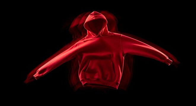 A plain red hoodie captured in a dynamic motion blur as if falling, against a pure black background, studio strobe lighting freezing