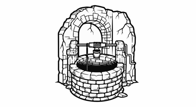 Ancient stone well with bucket and rope mechanism under arched stone structure