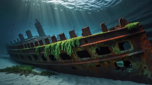 A sunken shipwreck adorned with green algae on the ocean floor, illuminated by shafts of sunlight penetrating the water's surface