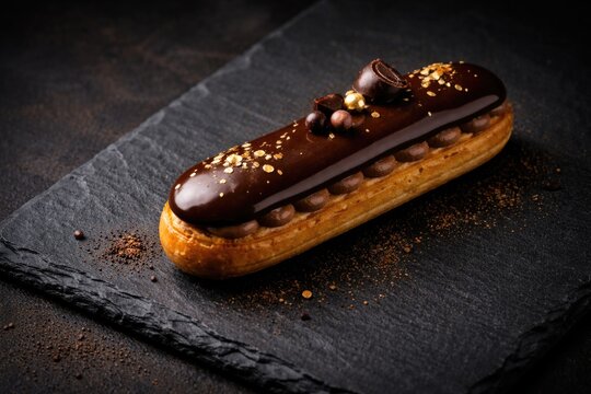 Elegant French eclair on a dark slate plate offering room for graphic design or text