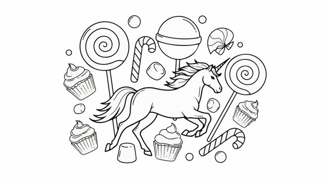 A whimsical unicorn gallops through a magical land of colorful candies and cupcakes