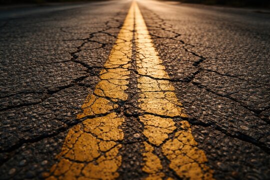 Light yellow traffic line on cracked road