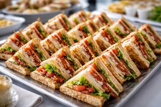 Flavorful club sandwiches sliced into triangles neatly placed on a buffet for corporate and celebration events detailed perspective
