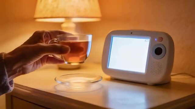 Reaching senior hand in knit sleeve lifting steaming glass cup off saucer at bedside, white device