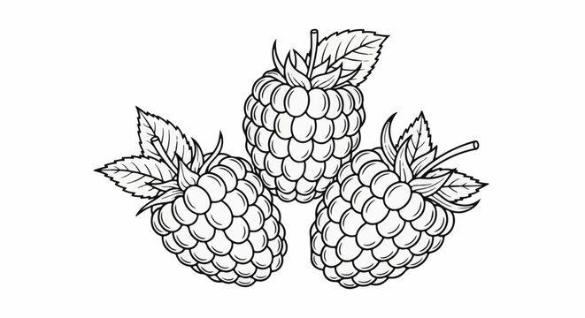 Black and white illustration of three ripe raspberries with leaves