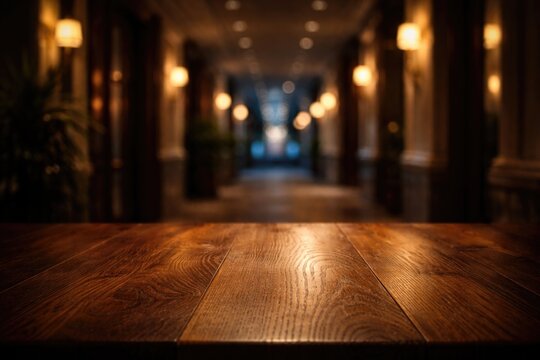 Ambient lit wooden table highlighted by cool bokeh lighting in an upscale hotel corridor background