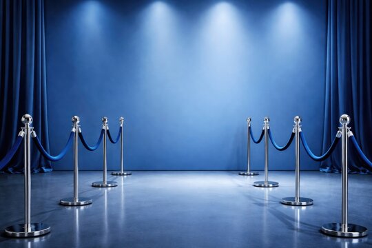 Blue rope crowd control setup for celebrity party with minimalist blue backdrop