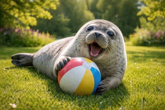 Cheerful Baikal seal having fun with ball on fresh green lawn in full length summer setting