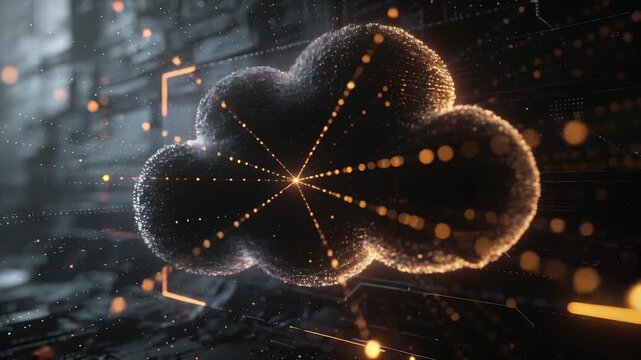 Receiving signal, cloud forming, extending spokes, sending orbs at server rack with orange bracket