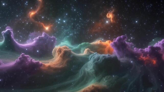 Vibrant cosmic scene with swirling nebulas in shades of purple, green, and orange against a starry backdrop