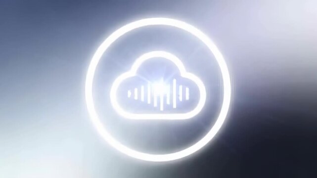 Pulsing white cloud icon with ring growing waveform bars on launch, signaling audio over blue-gray