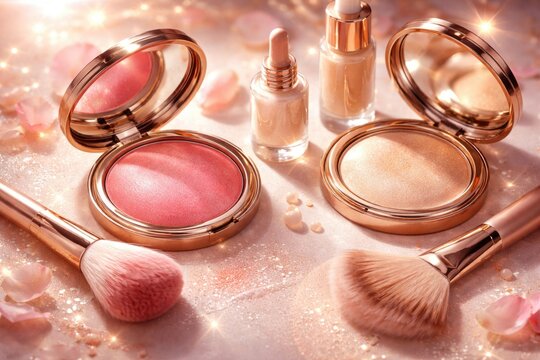 Glowing makeup essentials with fresh rosy blush and illuminator displayed on a subtle textured background