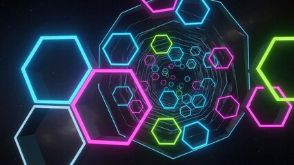 Fototapeta premium Vibrant neon hexagons in various sizes and colors on dark background, glowing brightly with futuristic technology and design elements, abstract geometric shapes