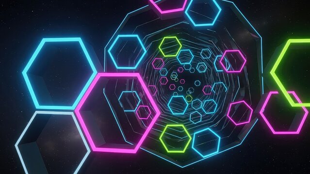Vibrant neon hexagons in various sizes and colors on dark background, glowing brightly with futuristic technology and design elements, abstract geometric shapes