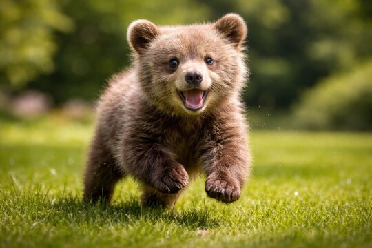 Delighted pet bear cub romping energetically across fresh green lawn in summer full length
