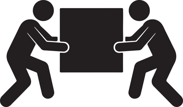 Two black silhouette figures collaboratively lifting and carrying a large square box, illustrating teamwork, logistics, moving, and heavy lifting.