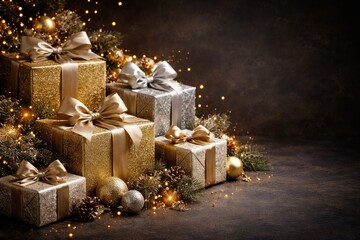 Fototapeta premium Christmas present boxes wrapped in sparkling gold and silver with dark textured background and text space