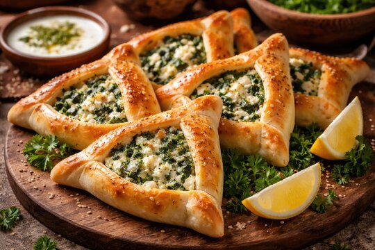 Authentic Middle Eastern fatayer pies with creamy cheese and spinach filling