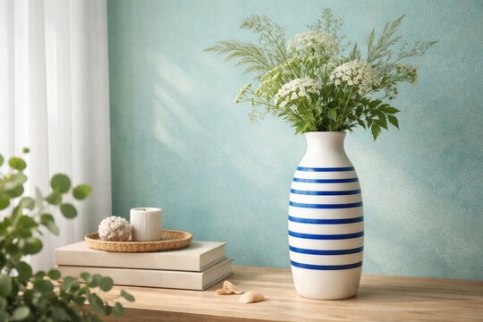 Nature inspired Scandinavian decor with white vase striped in blue placed before a turquoise pastel wall