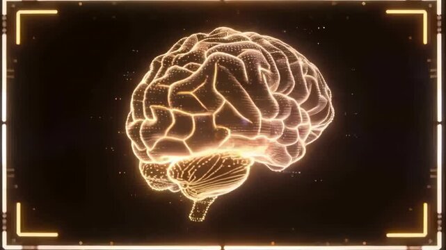 Playback starting, rotating wireframe brain revealing gyri, cerebellum in neon HUD to show anatomy