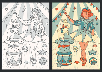 Obraz premium Enchanting vintage circus set with a girl performing a magic trick using a top hat and bunny. Monochrome coloring page and richly painted companion piece included.