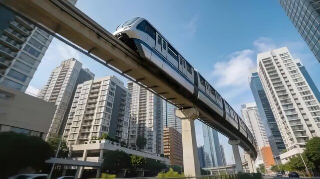 Approaching lead car initiating monorail traveling curved downtown viaduct, carrying commuters