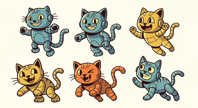 Cartoon robot cats in various colors and poses illustration