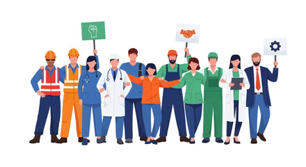 In a vector illustration celebrating International Workers' Day, a diverse group of professionals stands together against a clean white background, each holding signs that symbolize labor © Anggita