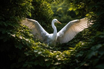 Obraz premium Crane with extended wings concealed by verdant foliage