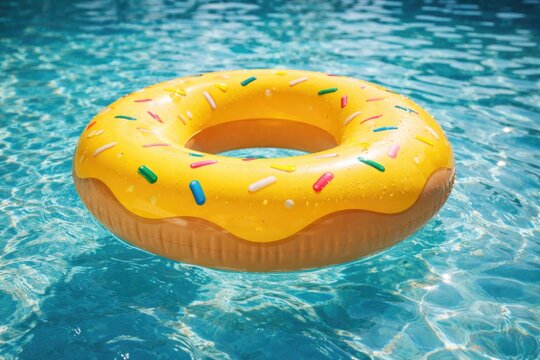 Cheerful yellow donut shaped float gently gliding over pool water
