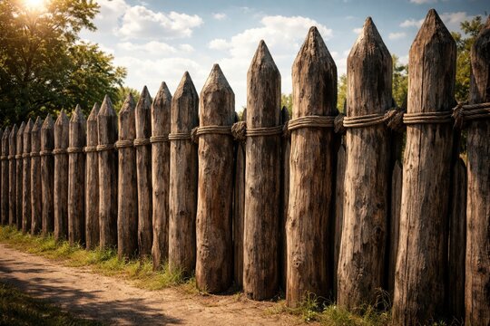 Historic style stockade fence with pointed logs and rough aged wood texture under sunny sky