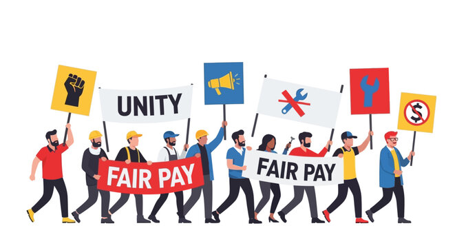 A diverse group of International Workers' Day demonstrators is shown in a flat vector illustration, holding signs advocating for labor day unity and fair pay against a clean white