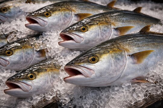 Neatly presented amberjack fish on ice bed with open mouths and bright eyes